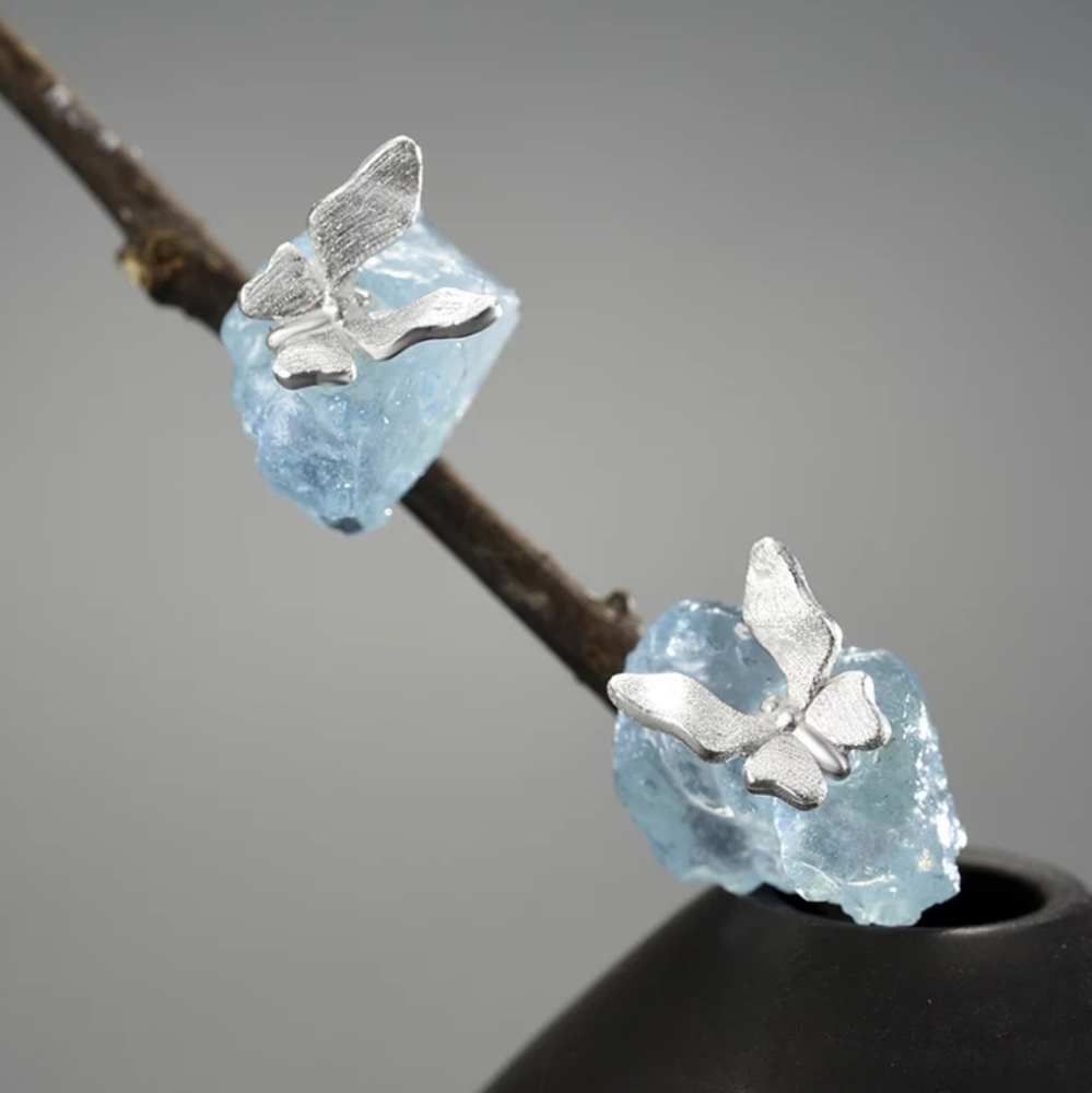 Aquamarine .925 Sterling Silver Butterfly Earrings
